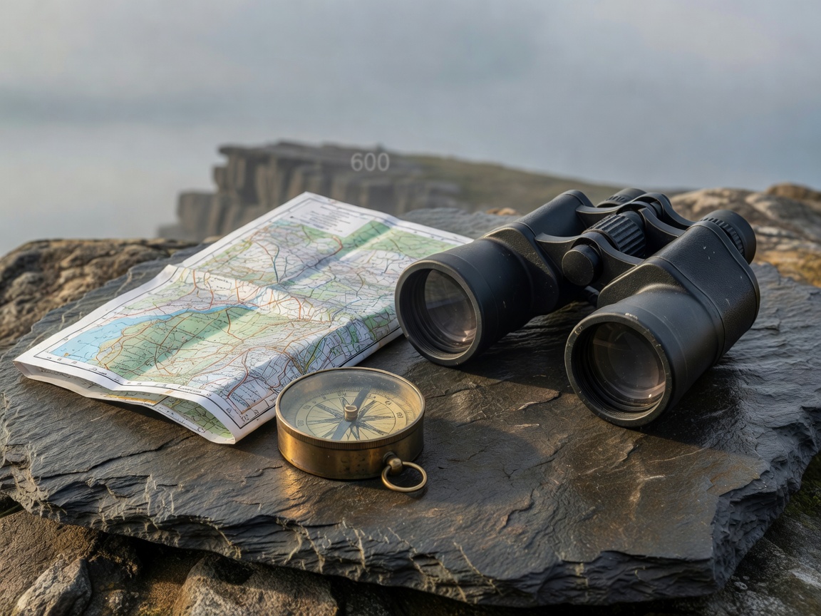 Field compass, waterproof ordnance survey map, and marine optics on weathered slate