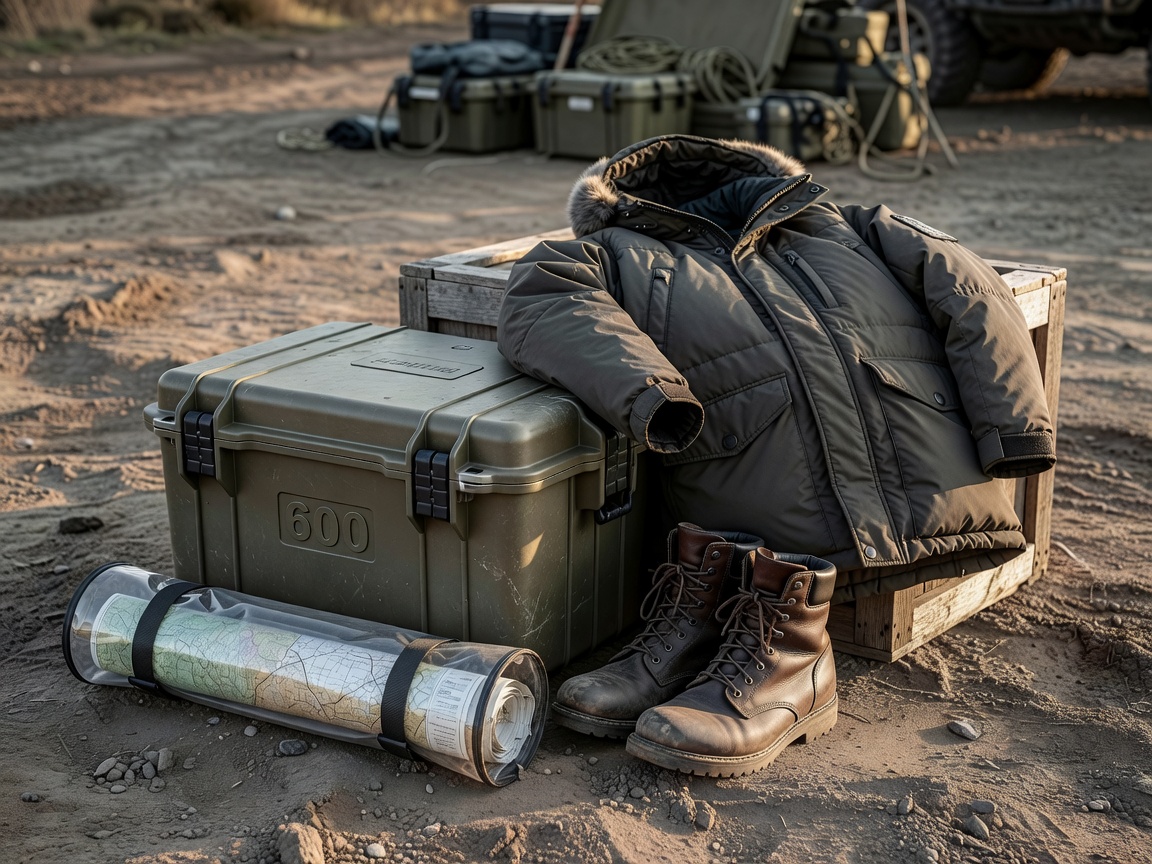 Field logistics preparation with waterproof case, map case, boots, and insulated technical outerwear