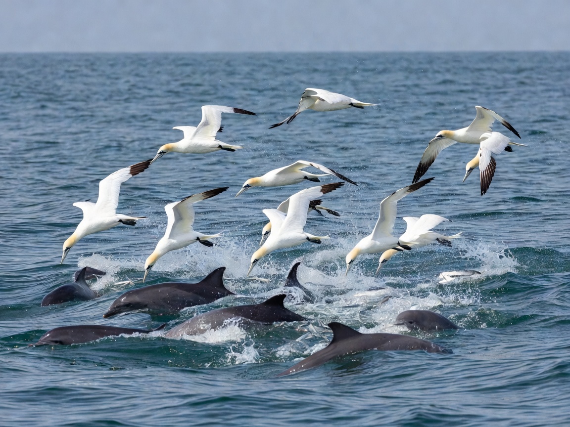 Gannets plunge-diving near surface-feeding marine mammals in open coastal water