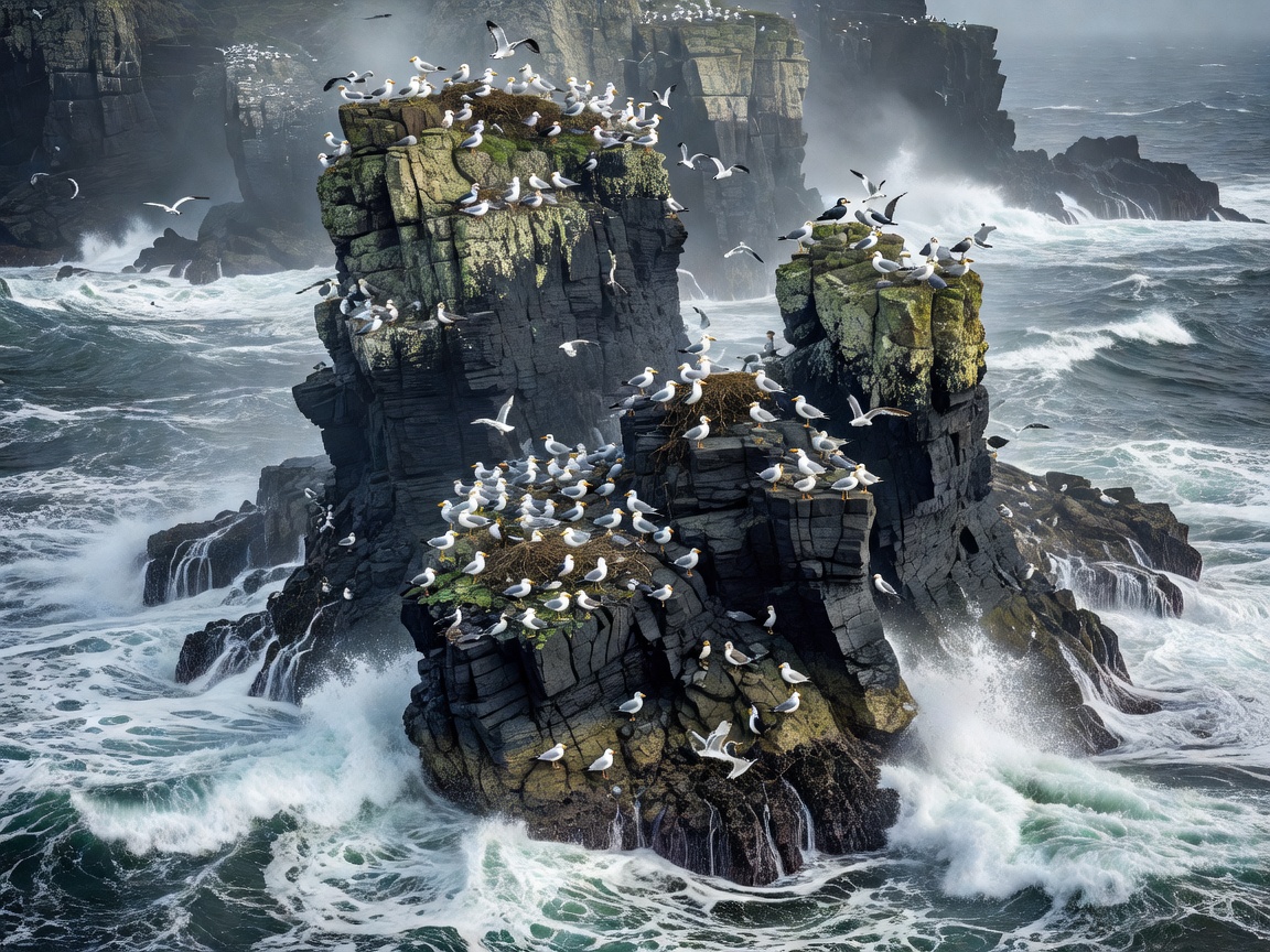 Precipitous basalt rock stacks rising from churning ocean water crowded with nesting seabirds