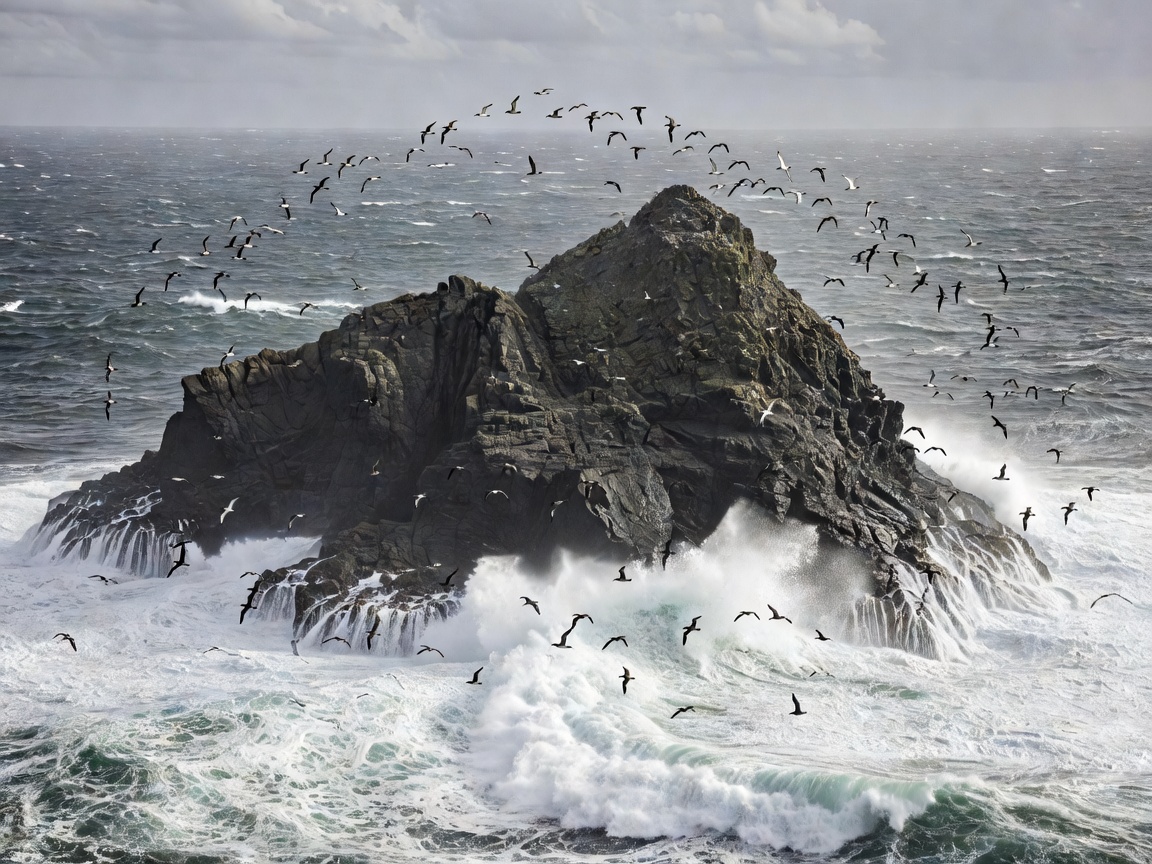 Prominent rocky cape jutting into rough open ocean where migratory pelagic birds round the point