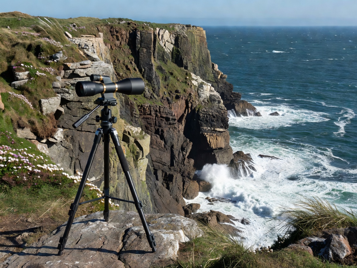 Spotting scope positioned securely inland from a sheer coastal cliff drop