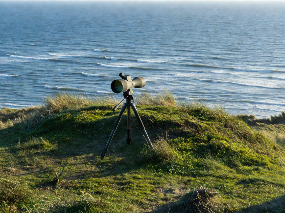 Spotting scope set on low sturdy carbon tripod anchored behind an inland turf rise overlooking the ocean