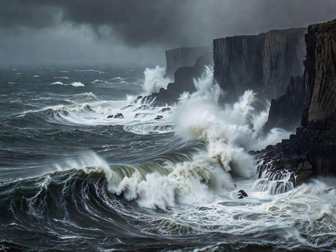 Storm swells breaking against sheer basalt sea cliffs in the North Atlantic ocean