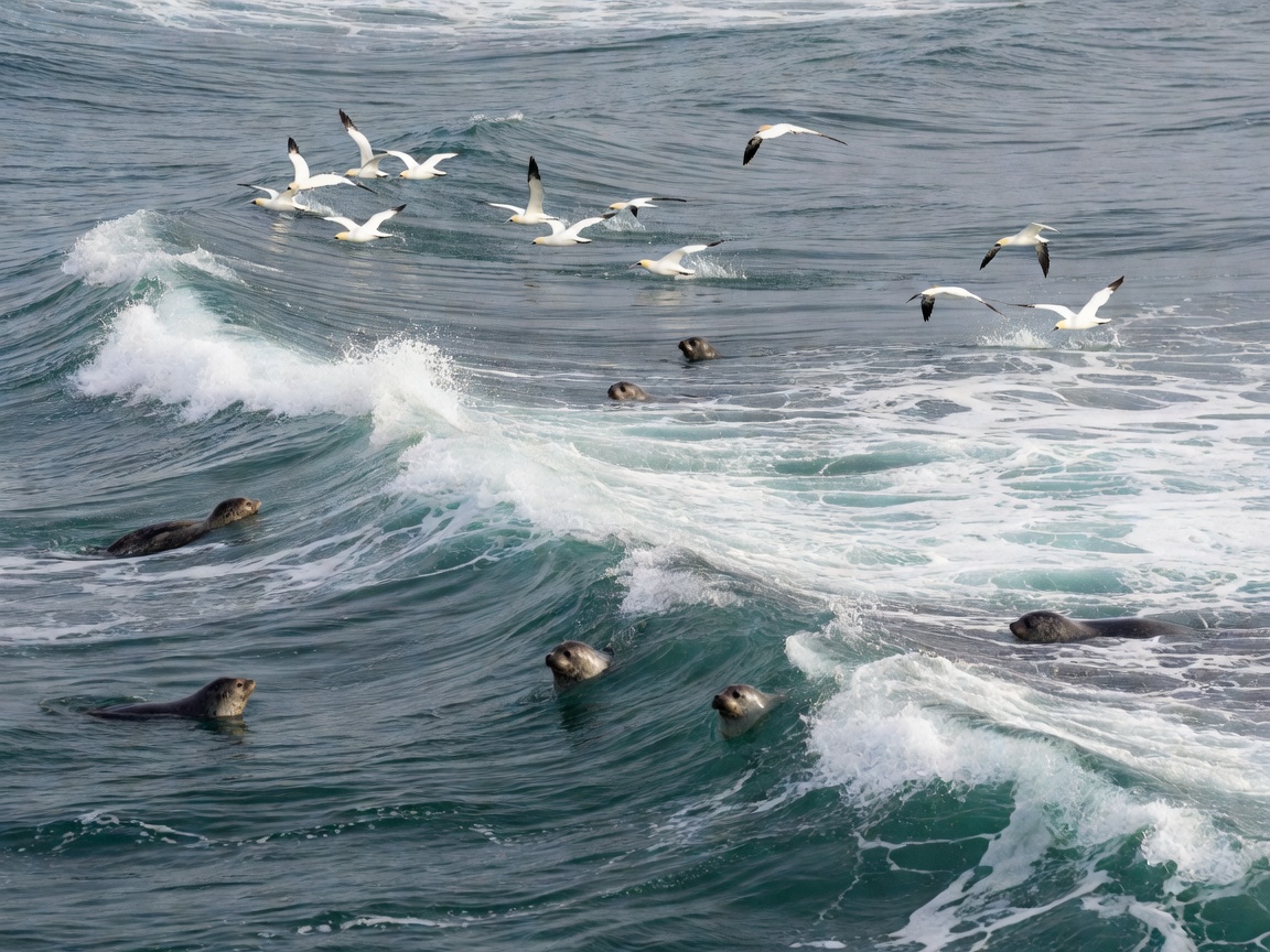 Tidal rip current line visible on the water surface with plunge diving gannets and surfacing seals